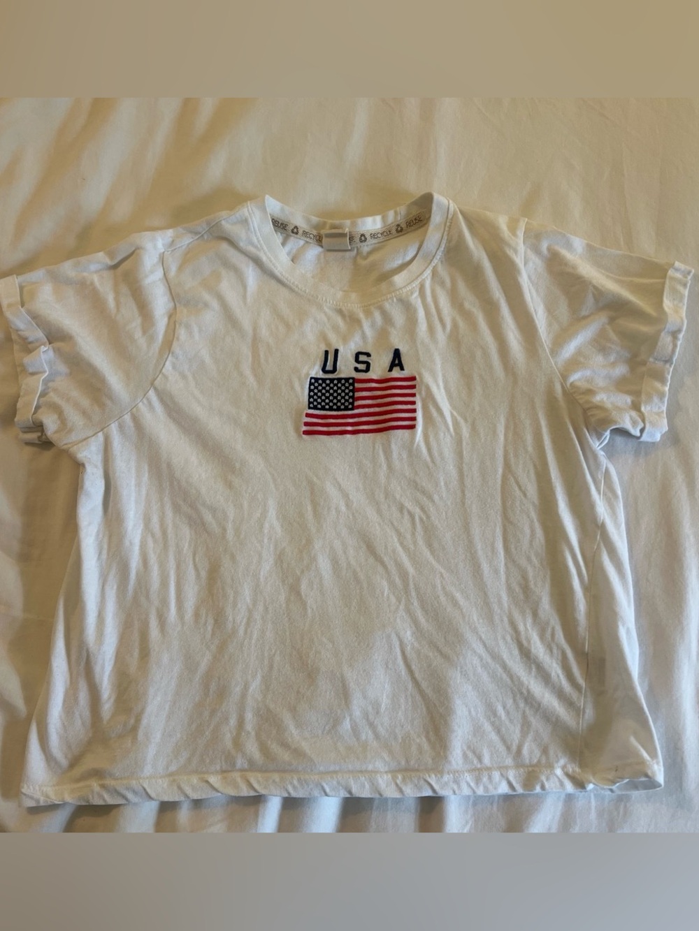 White Short-Sleeve Tee with USA Flag Embroidery